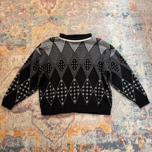 Vintage 80s retro black and silver harlequin knit sweater